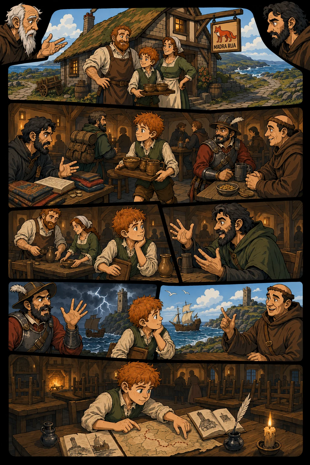 Página de cómic sobre la infancia de Cormac en la posada Madra Rua